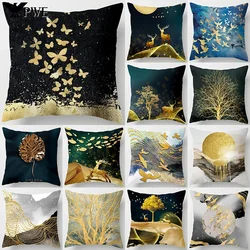 Black Gold Drawing Leaf Elk Tree Bird Butterfly Printed Square Pillowslip Polyester Cushion Cover Pillowcase Living Room Home