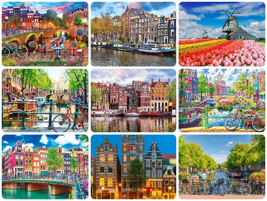 

Amsterdam Canal Town Jigsaw Puzzle,Dutch Color Gabled House Windmill Tulip Retro Bicycle Water Canal European Travel Wall Decor