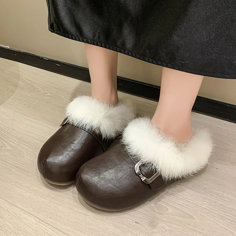 

Waterproof Baotou Slippers 2025Winter New Round Toe Deep Mouth Fleece Warm Flat Shoes