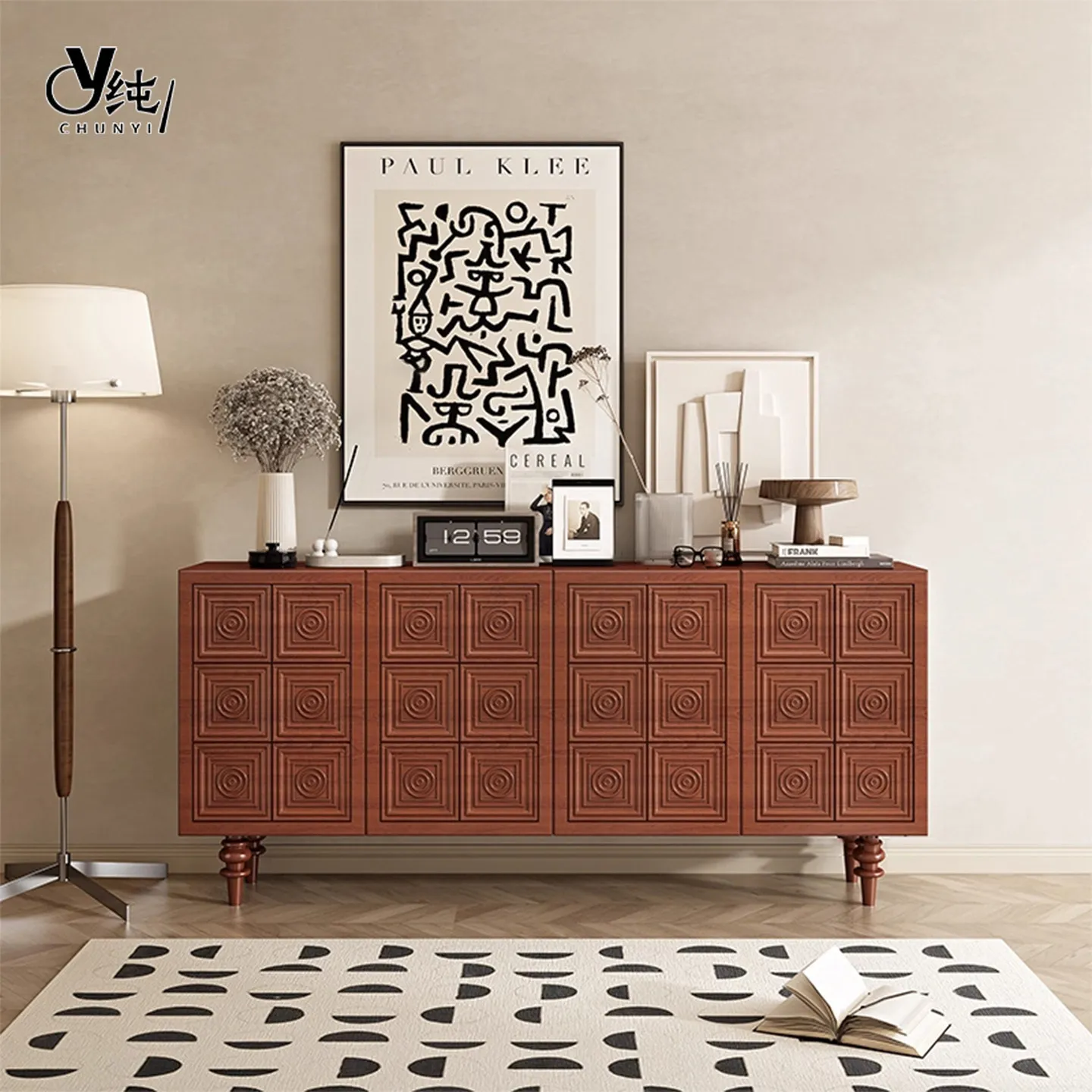 

Retro Entrance Living Room Cabinet Antique Sideboard Solid Wood Locker French Luxury Ash Wood Carving Flower Dining Side Cabinet