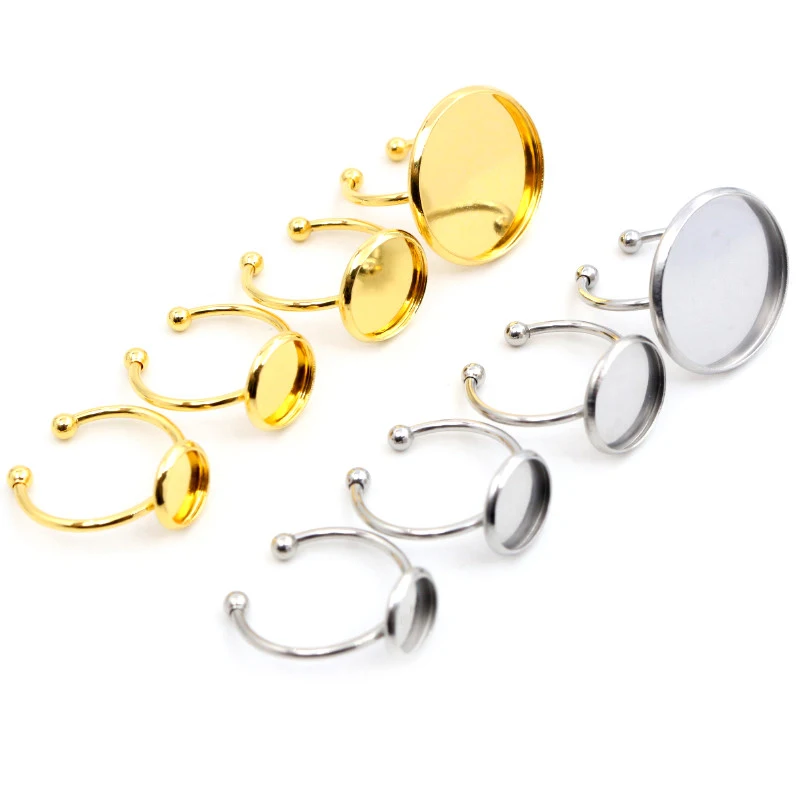 10pcs 6 8 10 12 14 16 18 20mm Stainless Steel Gold Plated Adjustable Ring Settings Blank Base,Fit 6-20mm Glass Cabochons Buttons