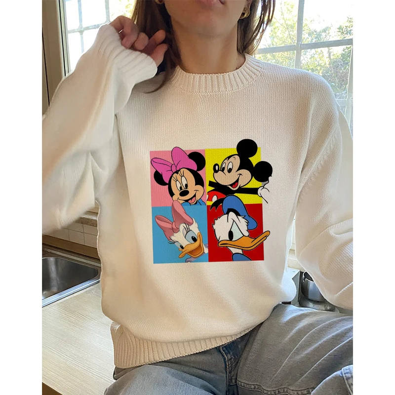 Mickey Minnie Women's Top Casual Crew Neck Fall/Winter Knitwear Disney Print Cartoon Women's Clothing Y2k Sweater White