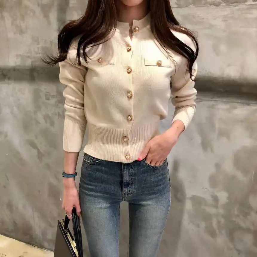 New All-match Korean Slim Cardigan Autumn Winter Long Sleeve Short Fashion Knitting Sweaters Elegant Temperament Women Clothing