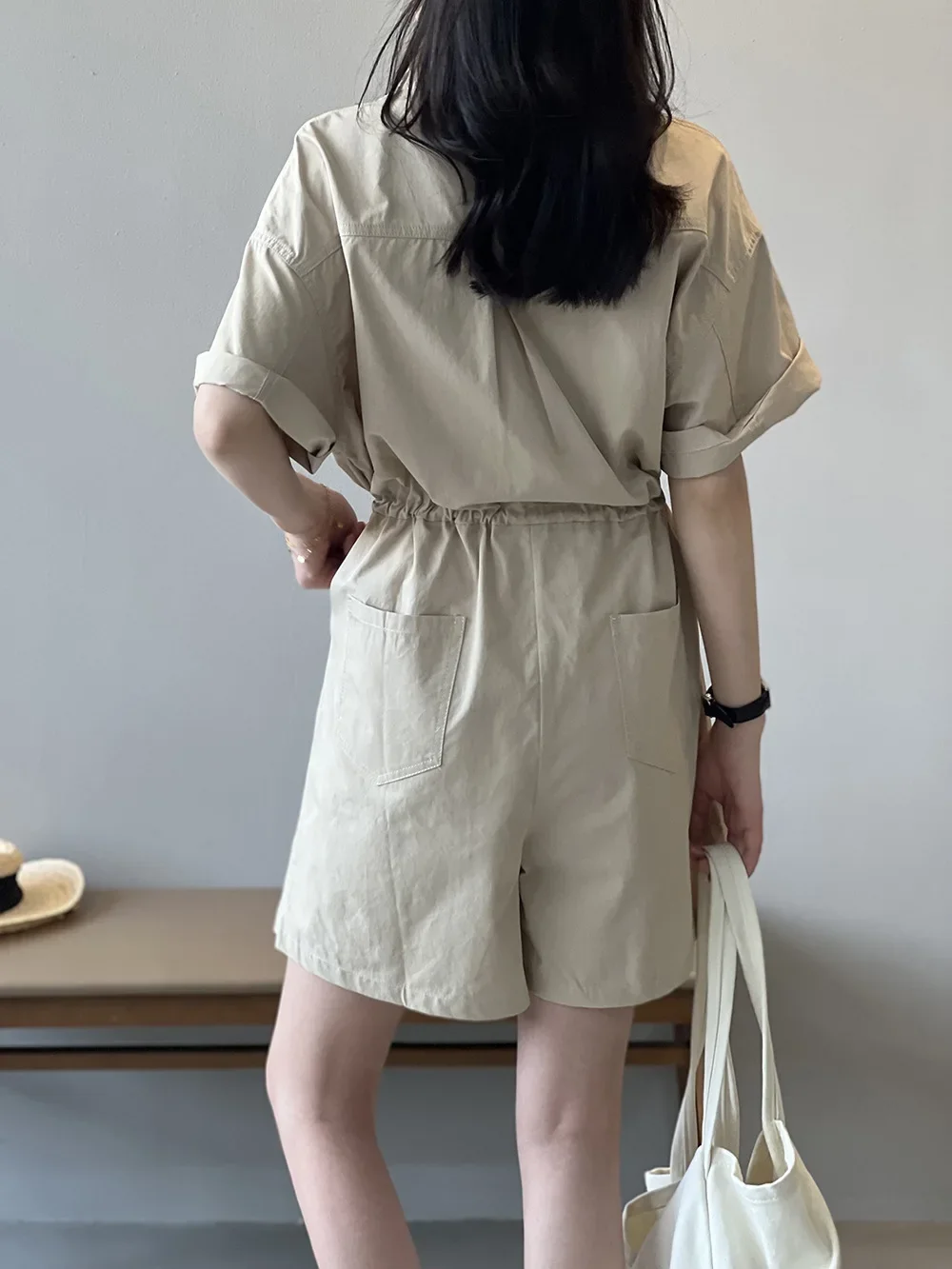 2024 Summer New Women's Stand Up Collar Playsuit Shorts Single Breasted Drawstring Waist Short Sleeve Wide Leg Workwear H2870