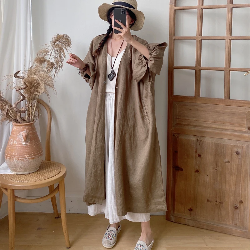 

Johnature Summer New Long Vintage Linen Trench 2024 Casual V-neck Single Button Loose Slits All Match Women Coats