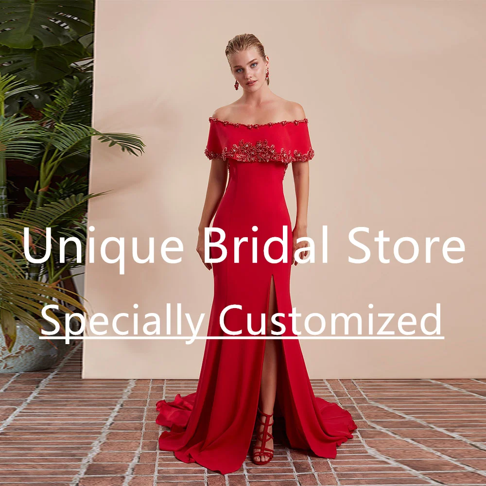 Vestido De Novia De sirena rojo personalizado con hombros descubiertos, manga corta con cuentas, abertura alta, Sexy, con botones, Vestidos De Novia C