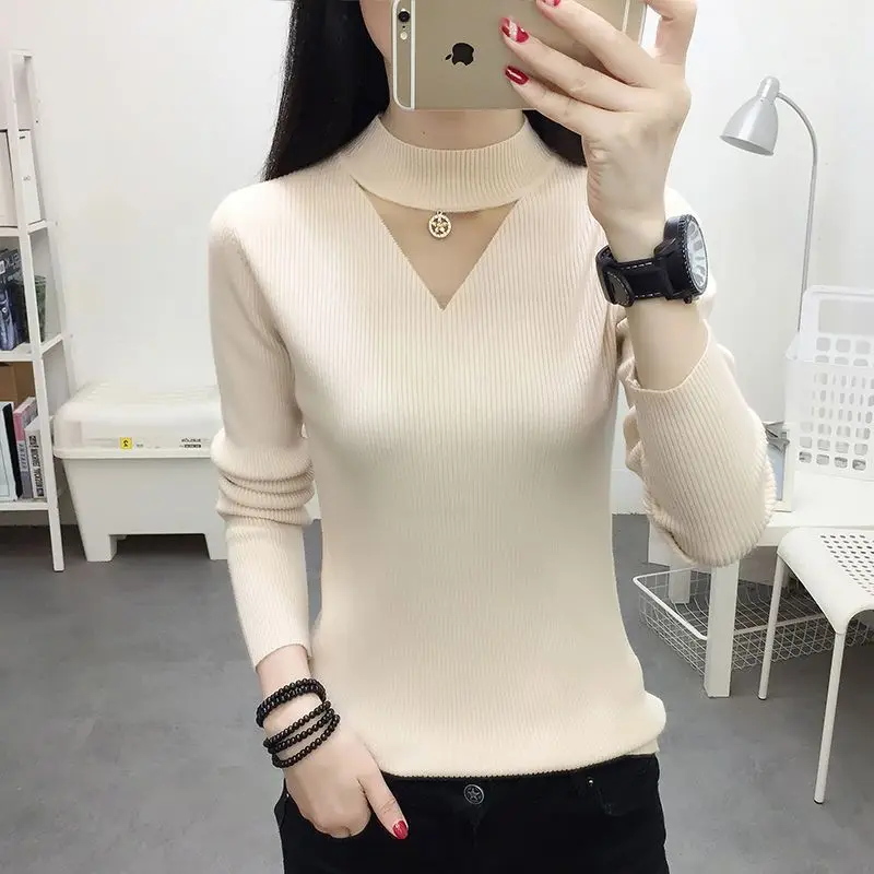 Basic Solid Color Slim Knitted Jumpers Women's Clothing Casual Half High Collar Spring Autumn Stylish Gauze Patchwork Sweaters