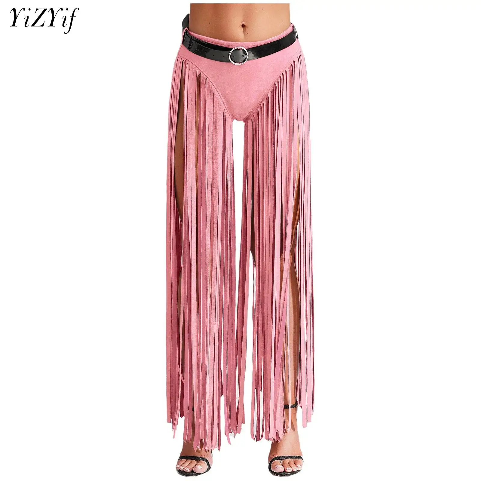 

Women Hippy Costume High Waist Suede Underwear with Long Tassels and Belt Halloween Dress Up Costume