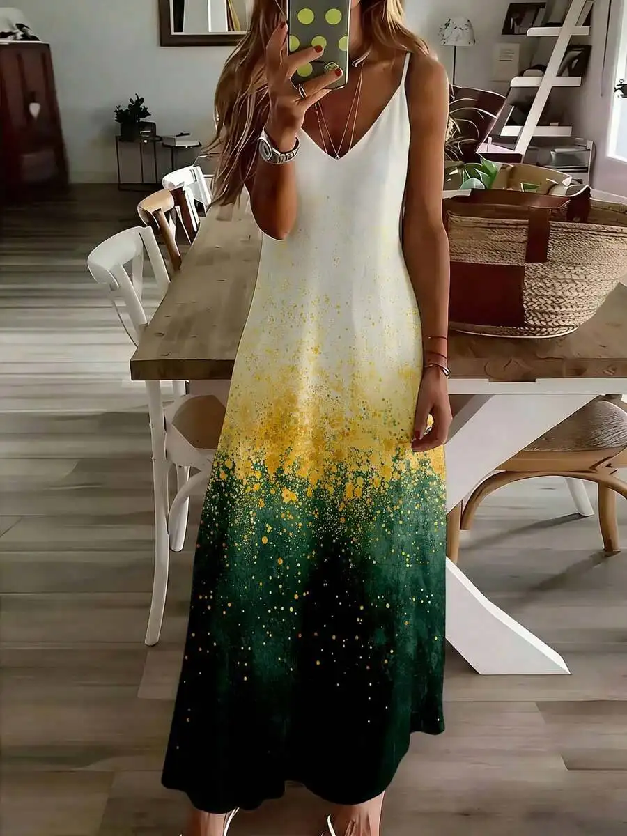 

Gradient Print Sleeveless V Neck Maxi Dress For Women Summer Casual Wear