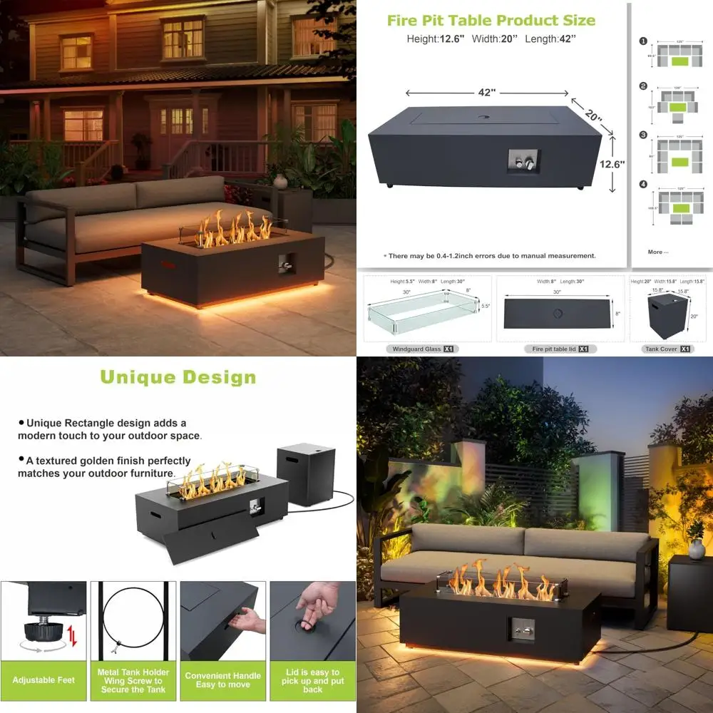 

Стол для костра на пропане со светодиодной подсветкой, 50 000 БТЕ, защита от ветра, крышка, камни и крышка - Стол для уличного камина с ветровым профилем