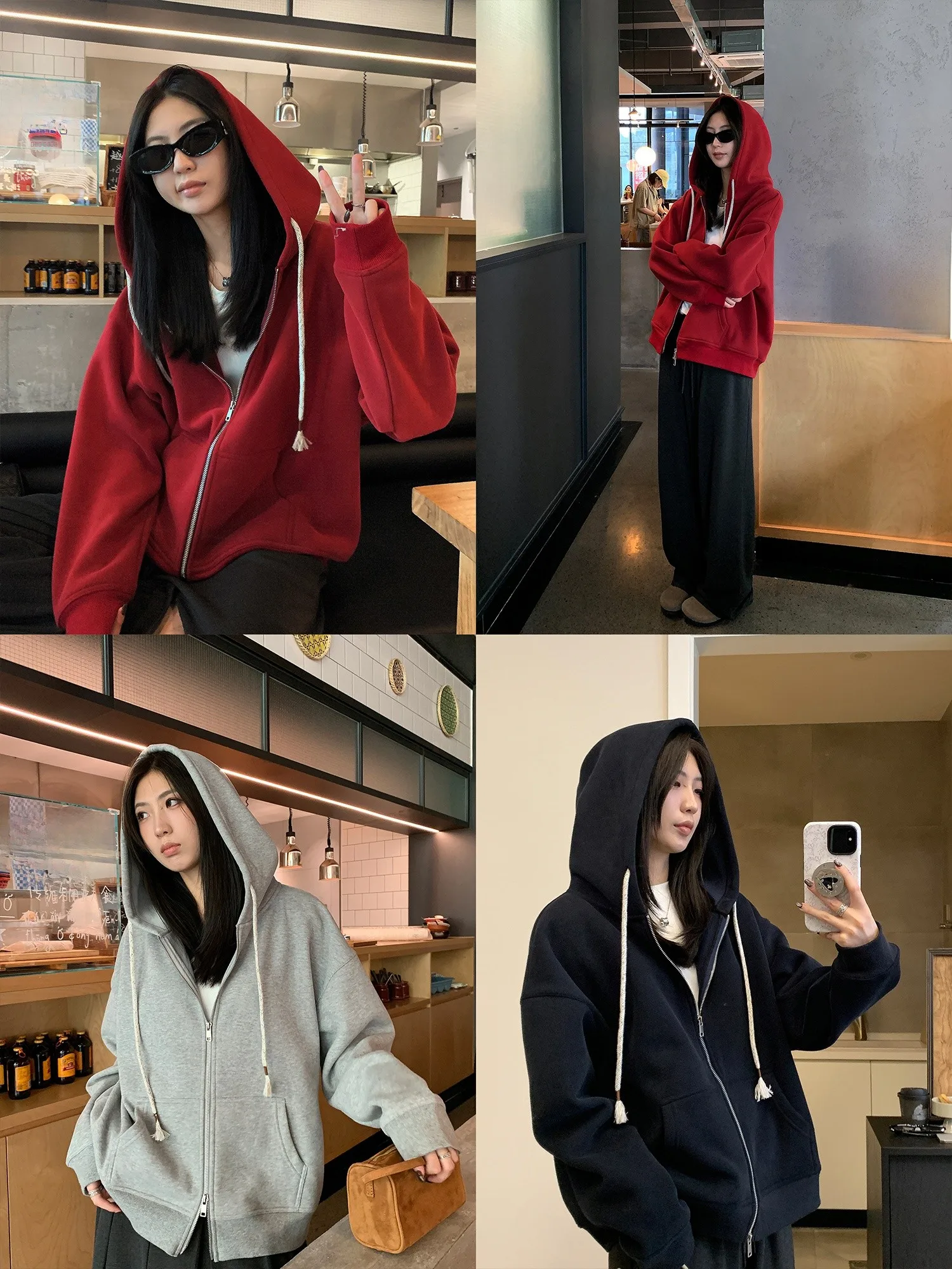 

Толстовка A FOG Sensation Long Velvet Cotton Fleece с капюшоном, женская, свободного кроя, на молнии, красная, верхняя одежда для осени и зимы, уличный стиль