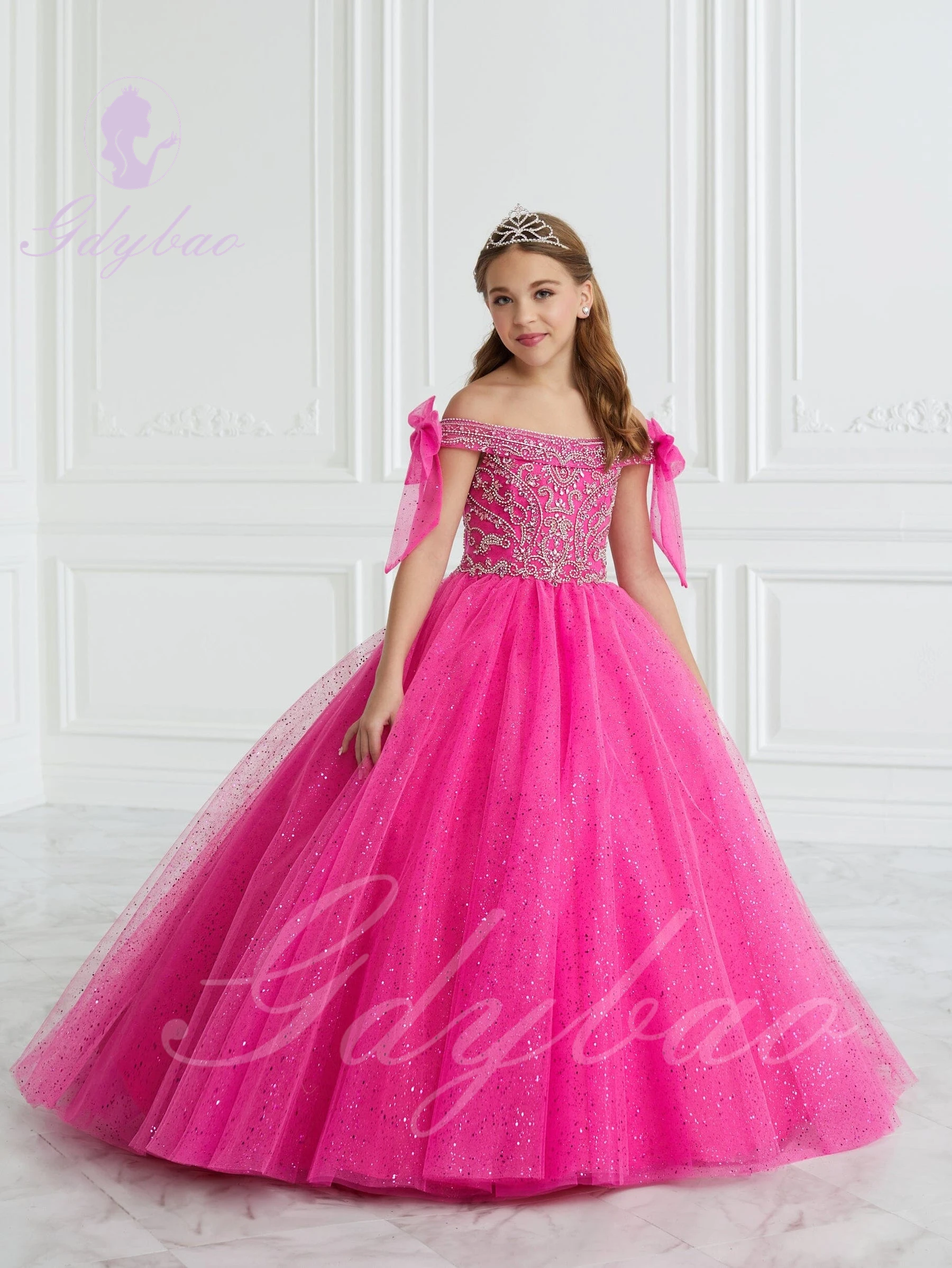 Hot Pink Flower Girl Dress For Wedding Sequins Puffy Floor Length Sleeveless Kids Baby Birthday Party First Communion Ball Gowns