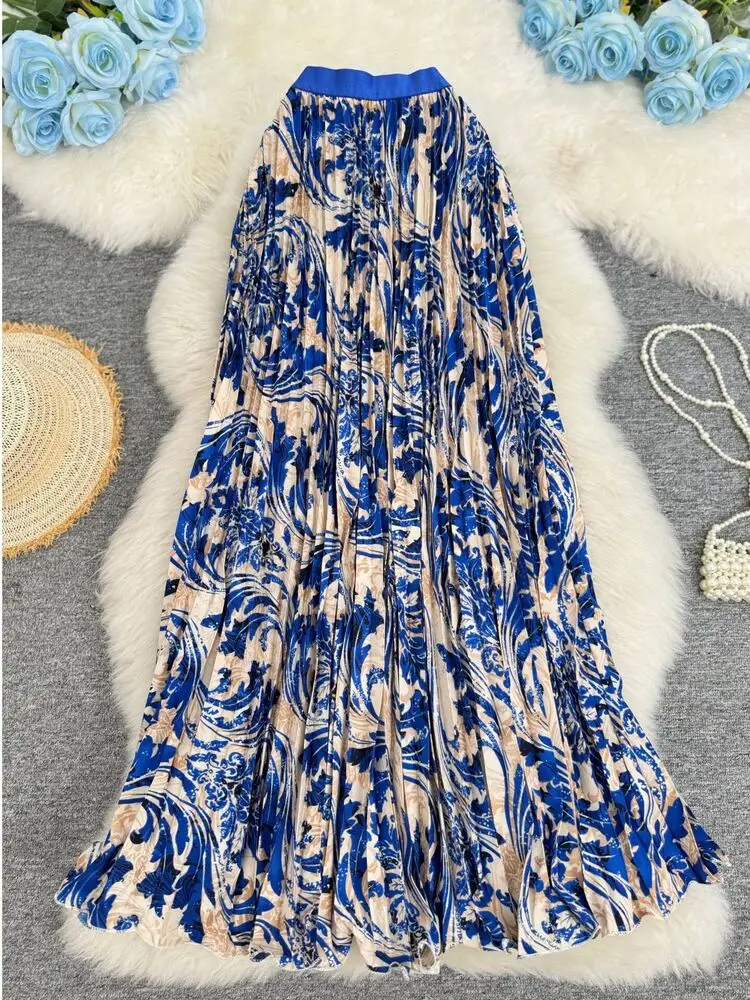 2026 Summer Bohemian Floral Casual Pleated Skirt Women High Waist A-line Elegant Versatile Beach Party Long Skirt