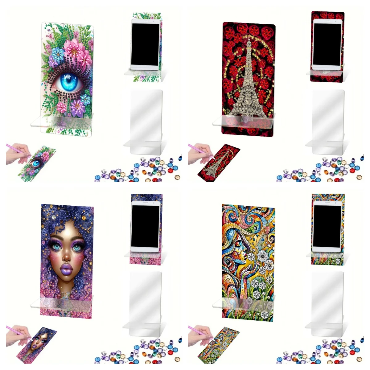 1, DIY-Diamant-Malerei-Set mit Zeichentrickfiguren, mit Diamant-Stickerei auf Telefonständern und Spiegeln beklebt