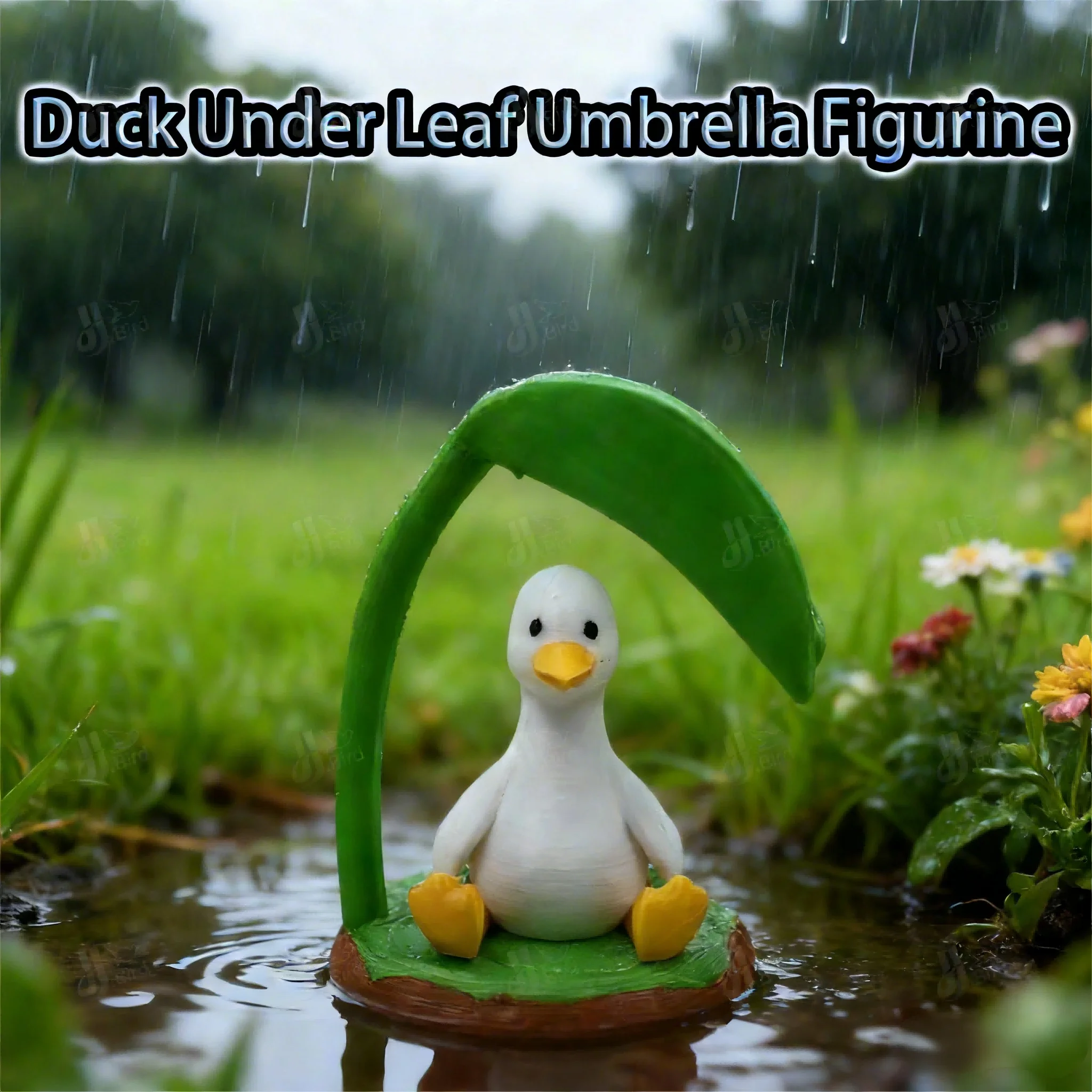 1pc Fresh White Duck Hiding from Rain Under Leaf Umbrella Figurine, suitable for desktop, desk, office & entryway display.