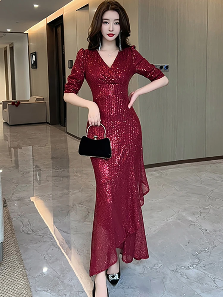 Women Red Sequin V-Neck Sexy Ruffled Long Dress 2024 Korean Vintage Luxury Festival Dress Summer Elegant Bodycon Evening Dresses