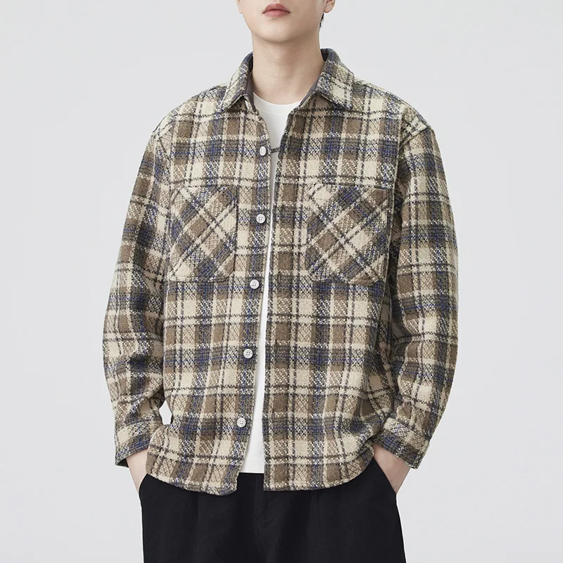 Autumn Thicken Shirt Men Streetwear Fashion Loose Casual Long Sleeve Plaid Cargo Shirts Jacket Cityboy Cardigan Coat Blouses