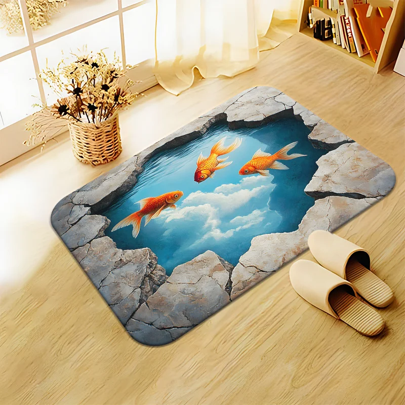 1pc,2D Flat 3D Goldfish Pond Water Crack Floor Illusion Flannel Door Mat Non Slip Creative Entryway Rug ForBathroom KitchenDecor