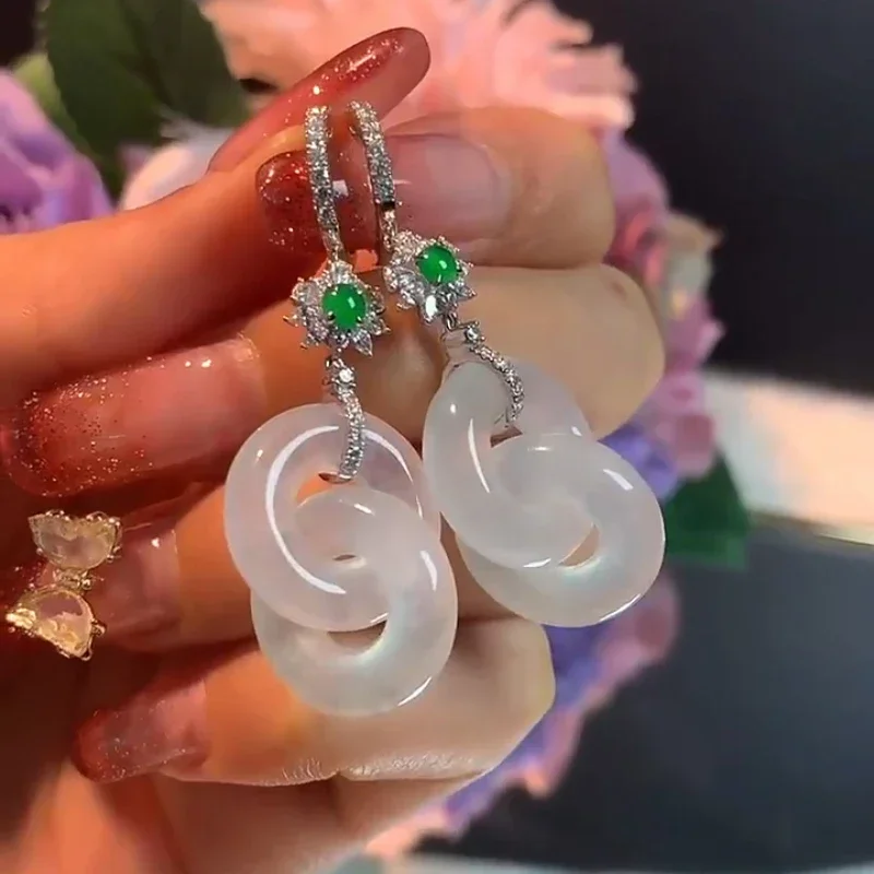 Natural Hetian white jade ice seed interlocking drop earrings for women luxury elegant and romantic dinner party silver jewelry