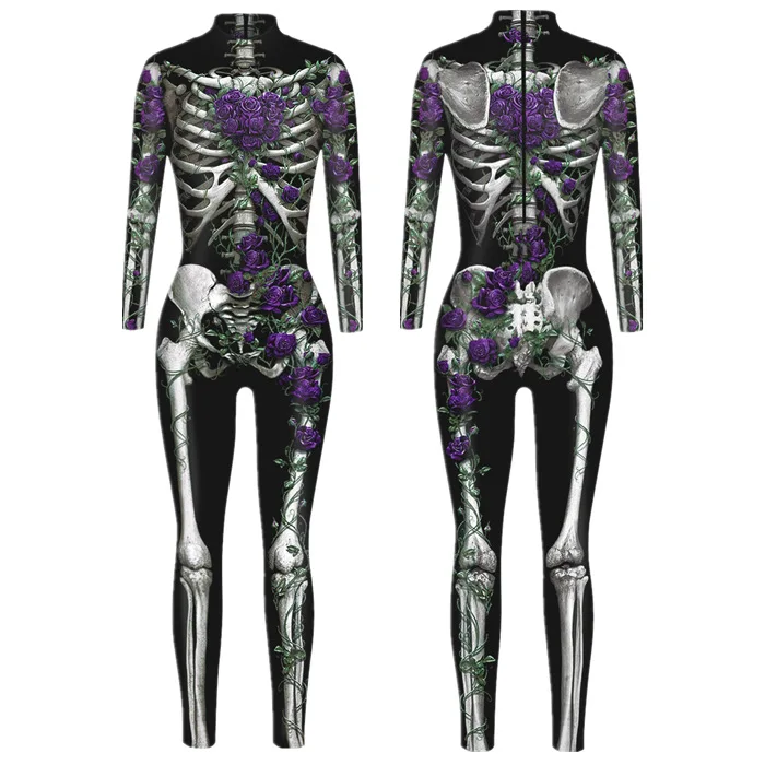 Festtags-Karnevalskostüm Skelett-Bedruckte Bodysuits für Frauen Bunte Halloween-Cosplay-Jumpsuits Zentai-Catsuit – Detail 9