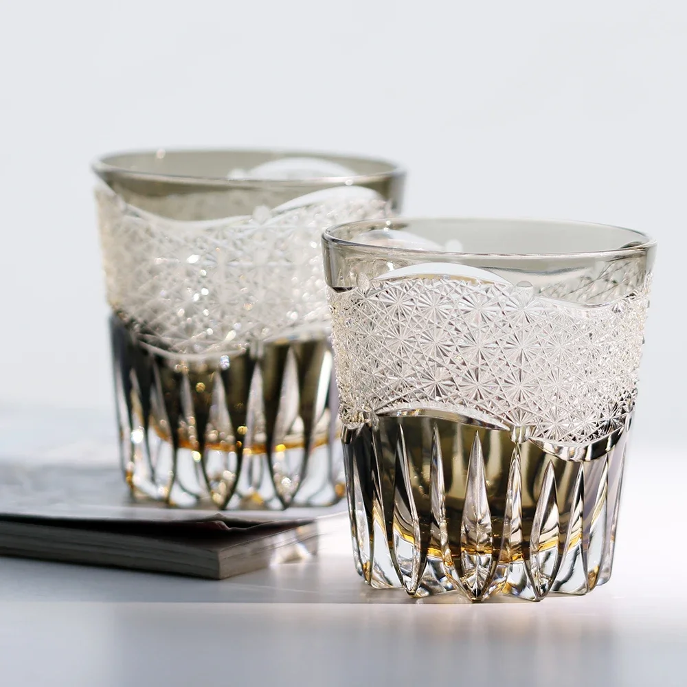320ml Handmade Grey 24% Lead Crystal Whiskey Glass Japanese Edo Kiriko Style Cut Flower Cocktail Glass for Bar And Party