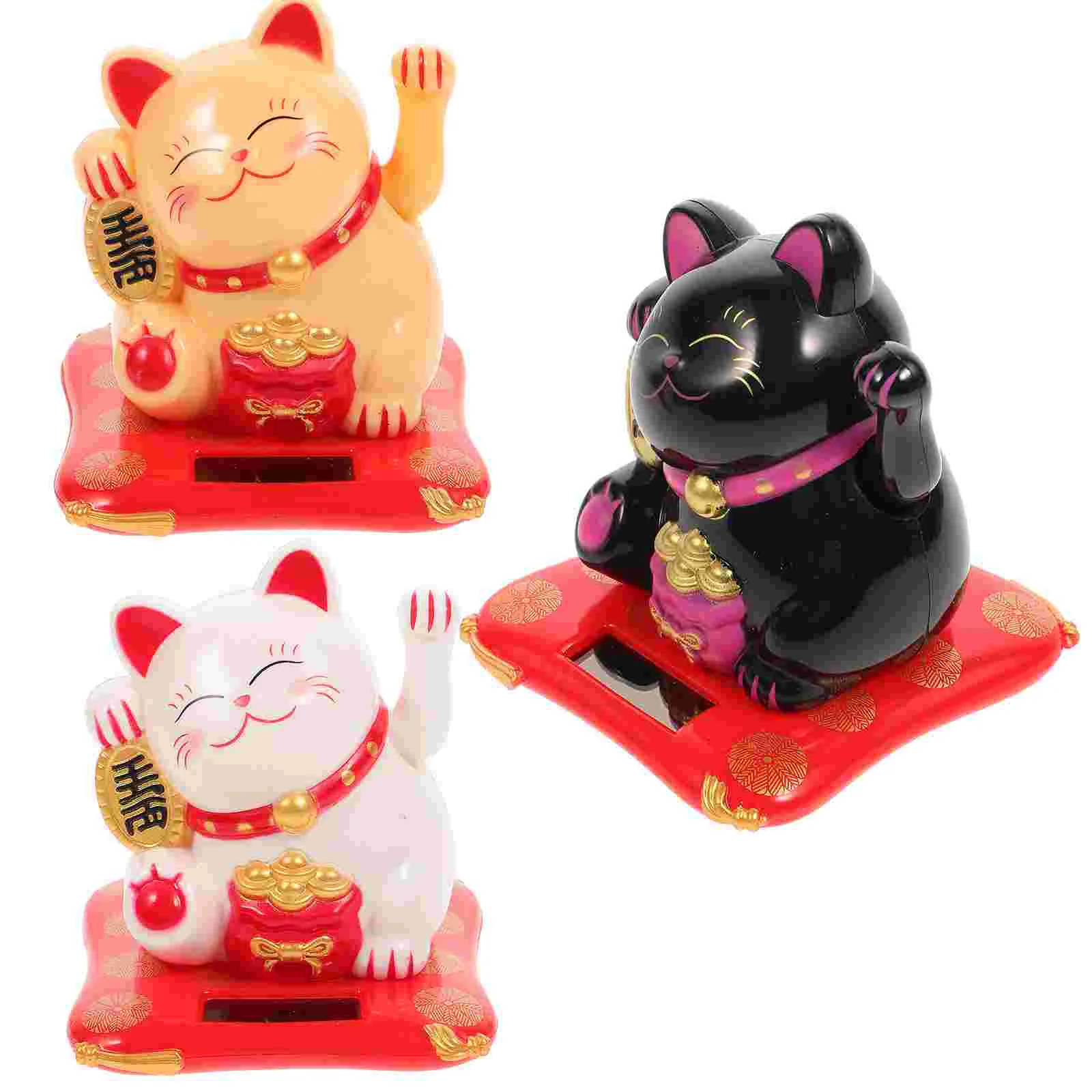 3 Pcs Cat Ornaments Lucky Mascot Adornment Desktop Waving Statues Figurine Solar Powered