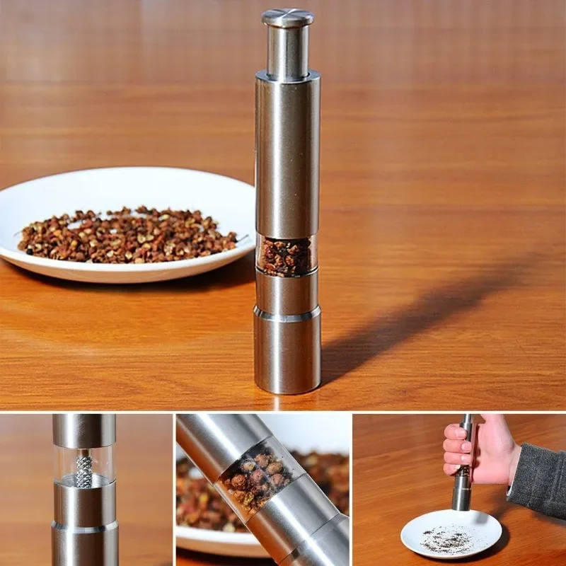 Premium Stainless Steel Salt Grinder Pepper Mill for Pepper Salt Himalayan Salt Spices with Thumb Button for One Hand Operation