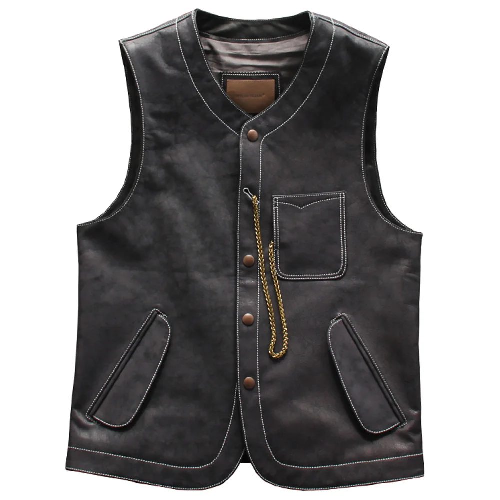 Summer European Vintage Waistcoat Vests Brand Genuine Leather Oversized XXXL Mens Vest Sleeveless Jacket Cowhide Streetwear