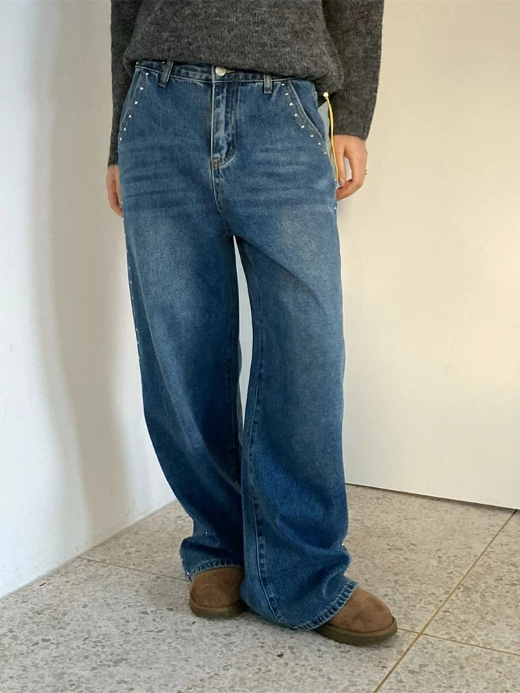 Sli Retro Heavy Metal Colion Nail Slim Straight Casual Jeans High Waist Commute Sle Embellied with Beads All Seasons