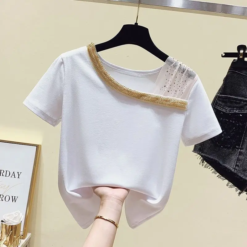 Fashion Skew Collar Spliced Gauze Beading Asymmetrical Blouse Women\'s Clothing 2023 Summer New Casual Pullovers Diamonds Shirt