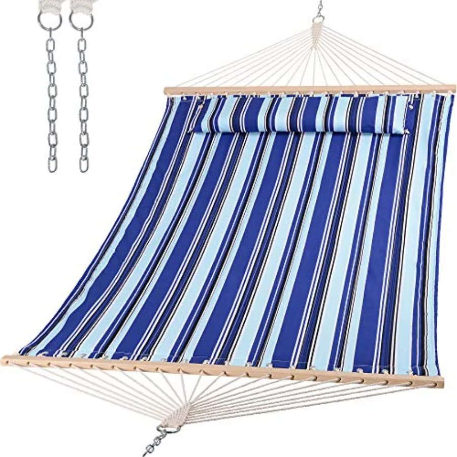 

Outdoor quilted fabric hammock with spreader bar and soft pillow, beige, 475lbs capacity