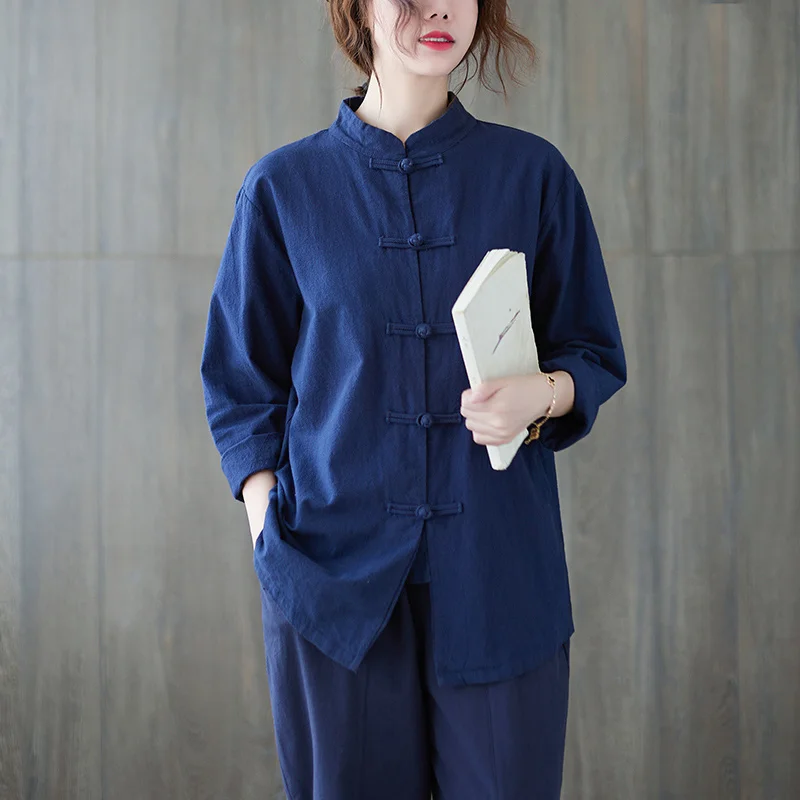 Chinese Style Cotton Linen Zen Tai Chi Suit Women Vintage Two Pieces China Traditional Shirt Pants Set Loose Casual Tang Suit