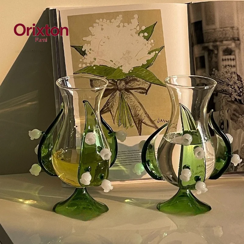 Handmade Glass Lily of The Valley Vase, Vintage Romantic Flower Drinking Glass, Unique Gift for Wedding Birthday Home Decor