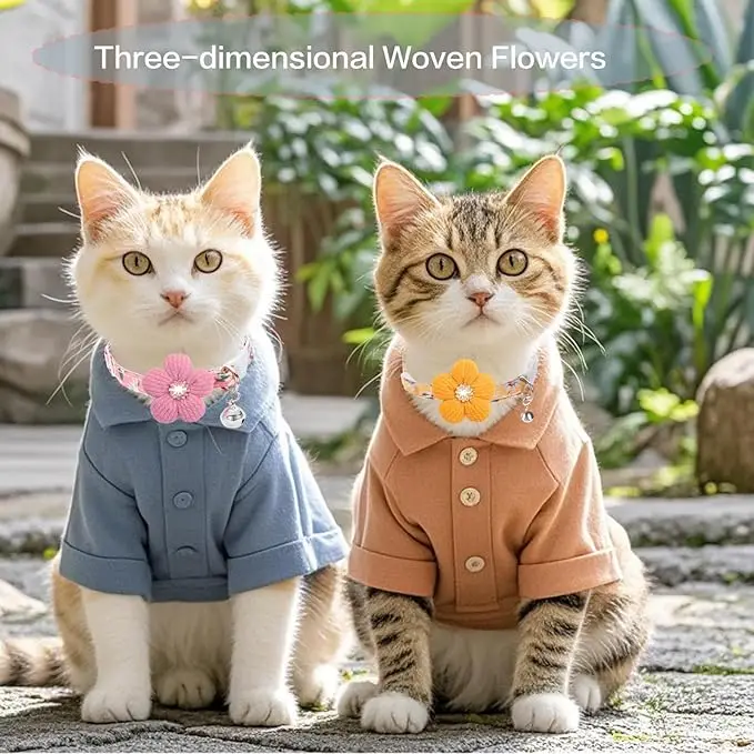 Katzenhalsband, abreißbares Kätzchenhalsband mit Blumen-Strasssteinen, Kitty-Halsband mit Glöckchen, florales Haustierhalsband mit für Katzen und Welpen – Detail 3