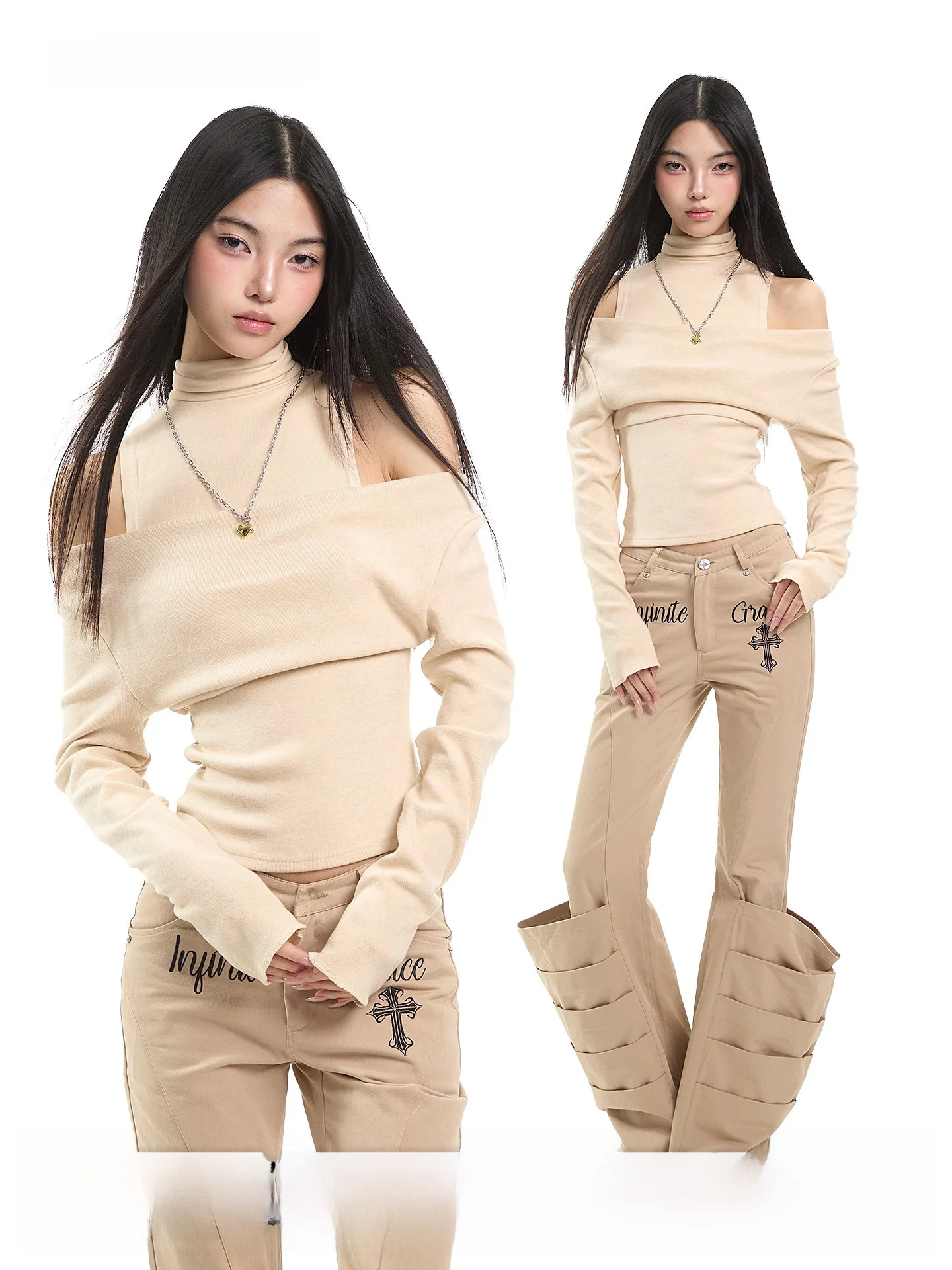 

UNCMHISEX American Retro Sle Long Sve Slim Fit oulder Bared High Collar Women's T-irt Design Sensation Slimming Base...