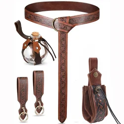 5pcs Renaissance Accessories Medieval Viking Embossed PU Leather Belt Waist Bag Hanging Strap Potion Bottle Cosplay Halloween
