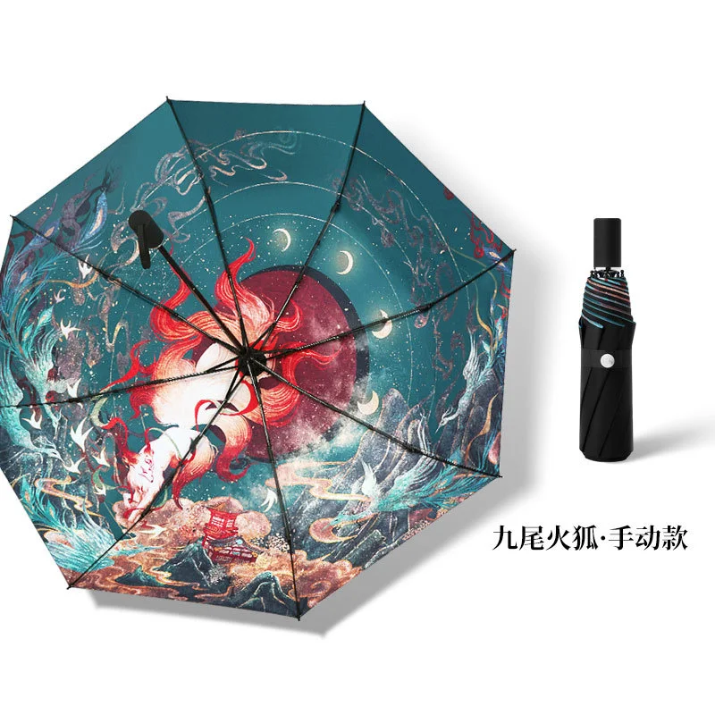 National Chinese Full Automatic Umbrella Fox Pattern Black coating Anti Ultraviolet Parosol High Quality Parapluie Deco