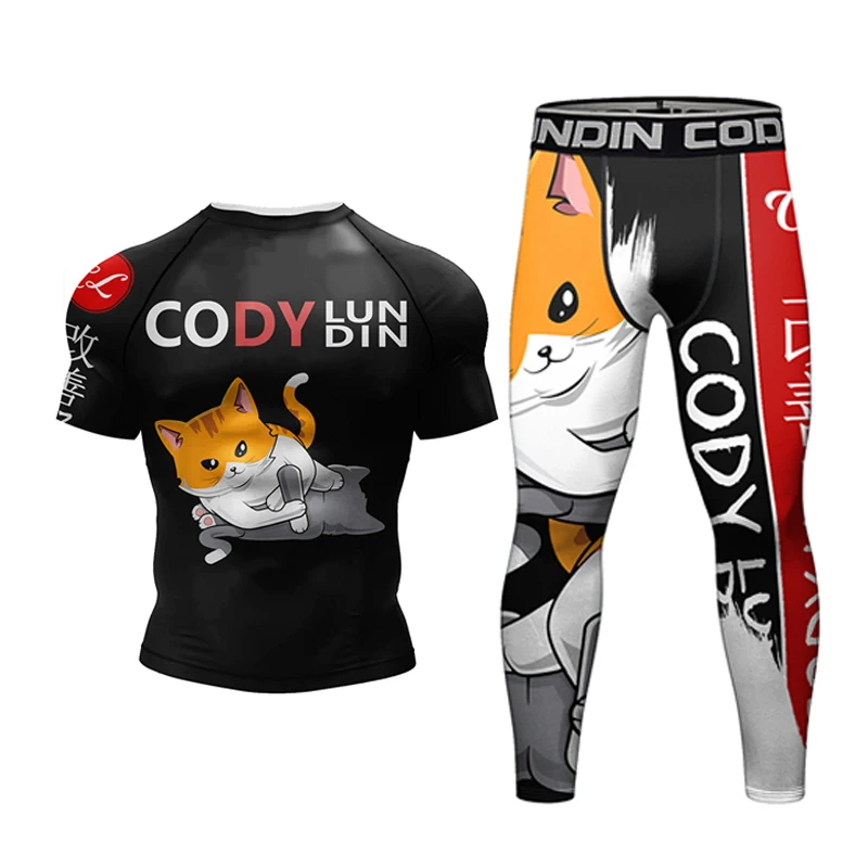 Nowa koszulka Jiu Jitsu Rashguard + spodnie męskie boks MMA brazylijski Grappling Bjj wysypka odzież sportowa spodenki Muay Thai Boxeo