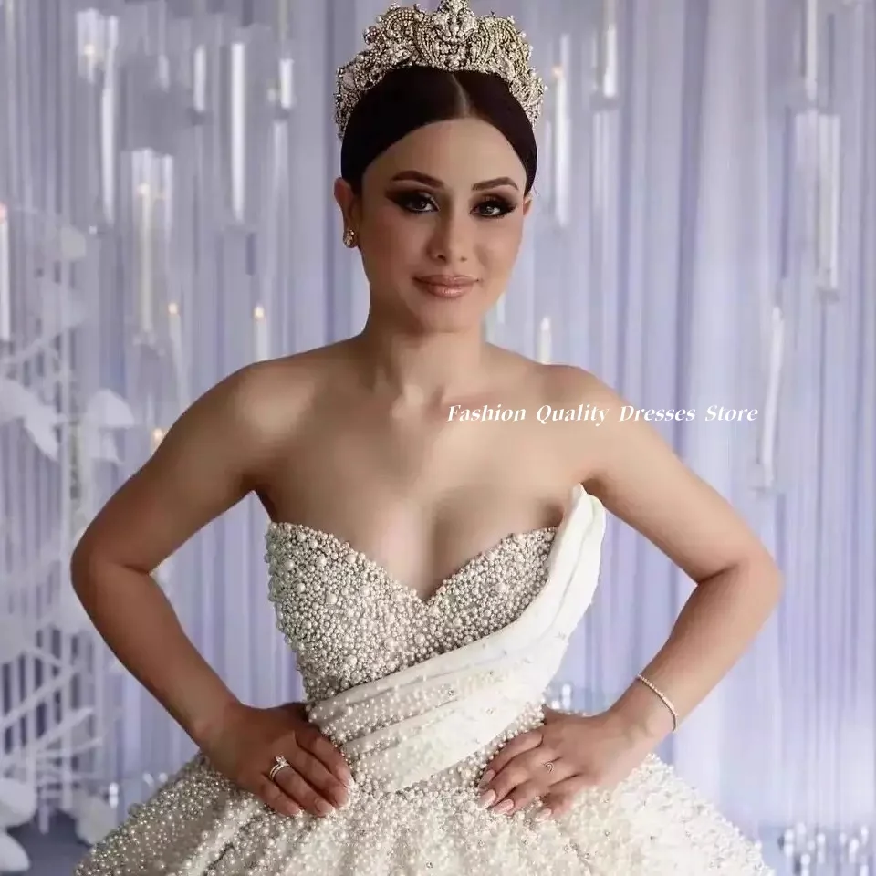 Wedding Dresses Ball Gown Bridal Dress Strapless Sweetheart Heavy Pearl Embellished Asymmetric Fold Long Train Gown Customized