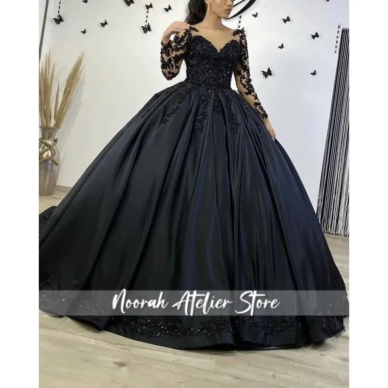 Vestido de novia gótico negro, vestidos de novia con Apliques de encaje, mangas largas con cuentas, vestido de novia de satén transparente con cuello en V, corsé trasero Vintage Pl