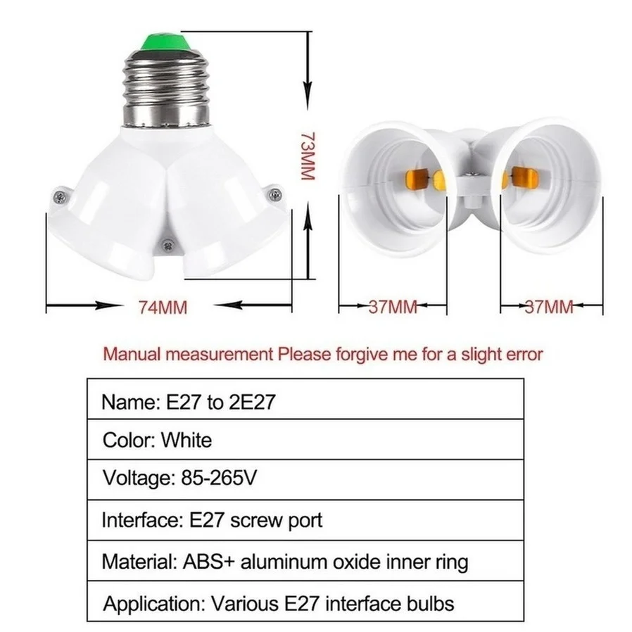 Adaptador de base de bombilla de lámpara, convertidor de 3 piezas E27 a 2 E27, 2E27, 265V, 2A, LED en forma de Y, toma de conversión