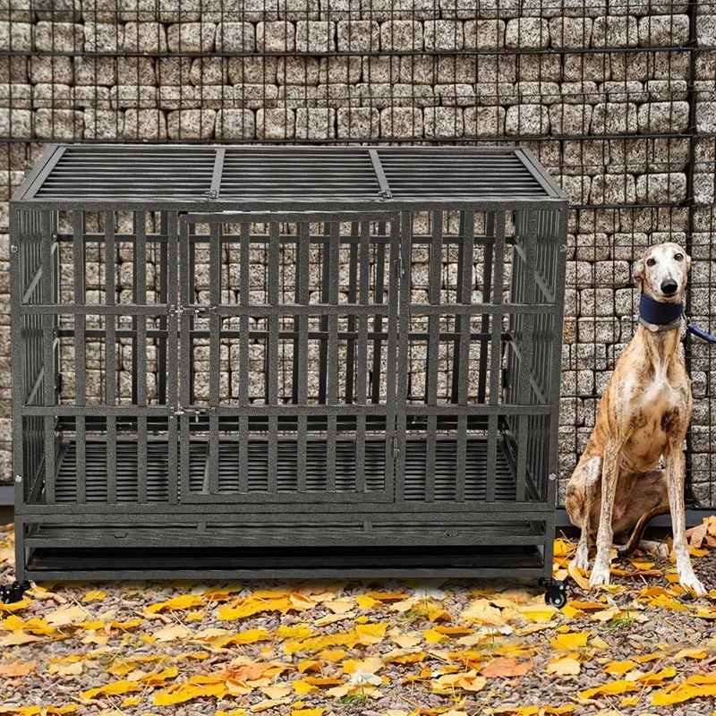 48 inch Heavy Duty Indestructible Dog Crate with Lockable Wheels, Double Door, and Removable Tray - Escape-Proof Kennel