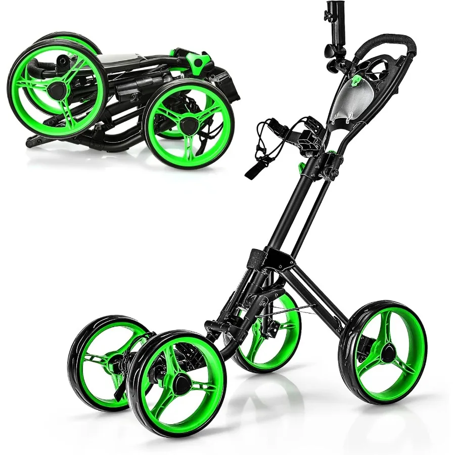 عربة دفع جولف قابلة للطي ذات 4 عجلات لسهولة المشي على الدورات تتميز بأشرطة مرنة ومظلة وحامل أكواب وتخزين لوحة النتائج L