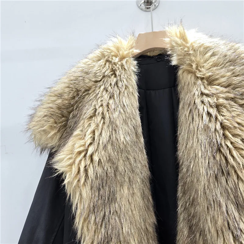 Autumn Winter Popular Eco-Friendly Furry Collar Patchwork Color Block Top Overcoat Thickened Warm Cotton Jacket Faux Fur Coat