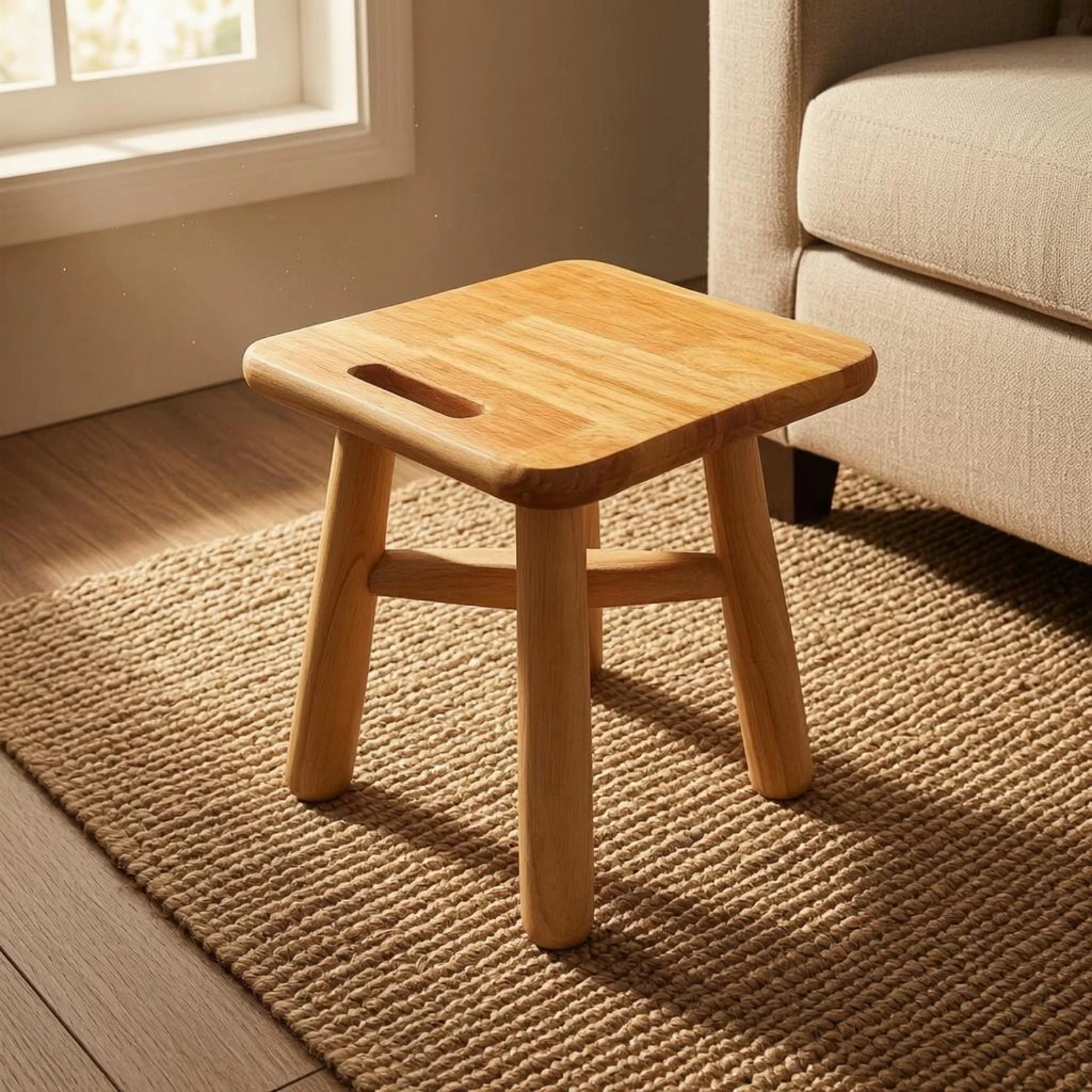 Square Wooden Stool Rounded Corners Solid Wood Stool Small Wooden Seat Cross-Braced Seating Furniture Mortise-and-Tenon for Home