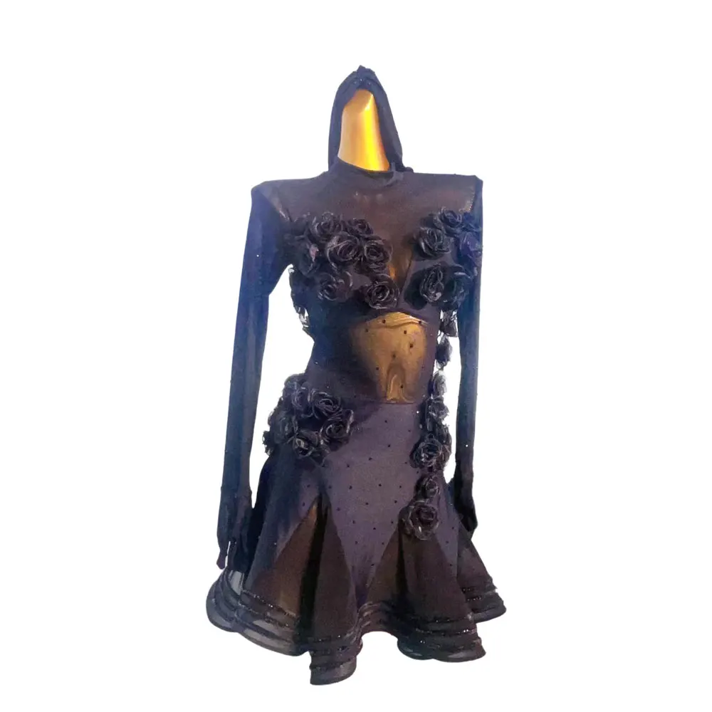 

Latin Dance Professional Dress High-end Custom Black Silk Rose Tango Female Adult Standard Stage Professional Clothing