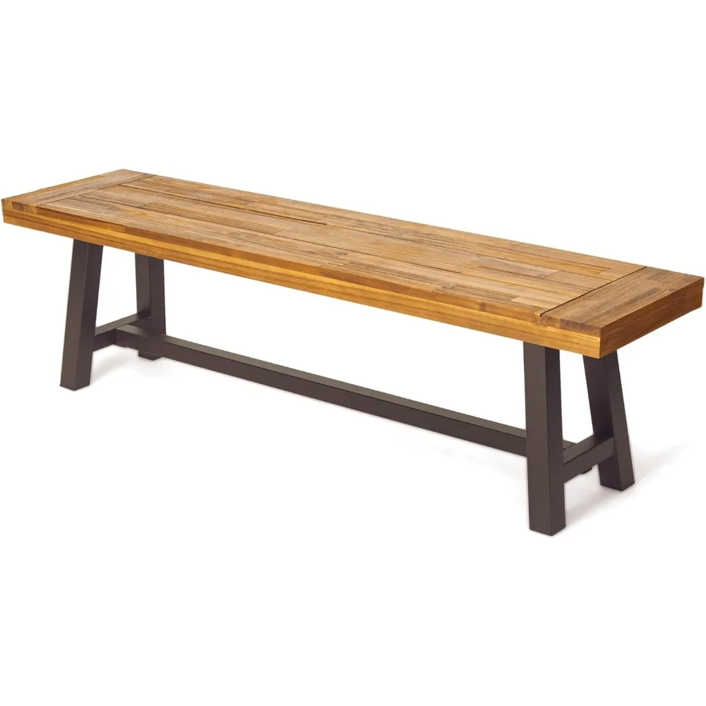 Outdoor acacia wood and rustic metal bench,sandblasted finish/rustic metal 14.75 inches deep x 63 inches wide x 17.5 inches high