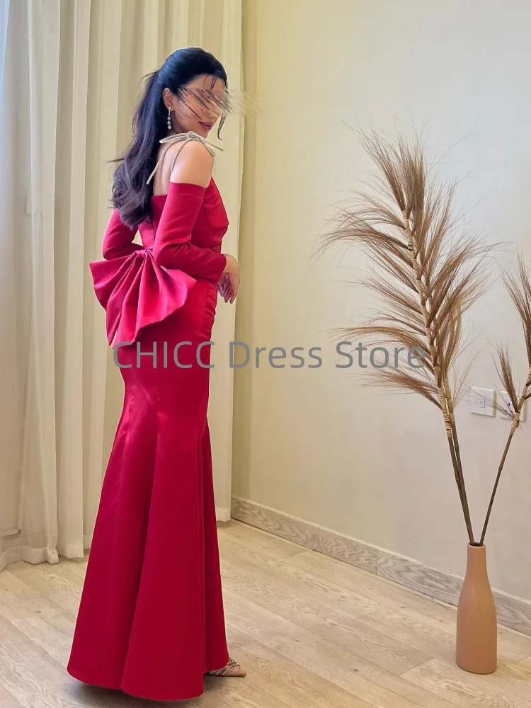Abiti da sera eleganti Abiti da ballo rossi a sirena con scollo all'americana senza spalline Fiocco drappeggiato per abito formale فساتmaveraPersonalizzato
