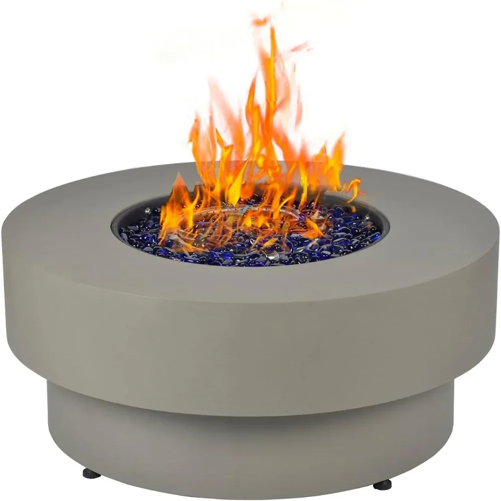 Outdoor Fire Pit Table, Flint & Concrete Look 33-inch Round Patio Gas Fire Table 50,000 BTU w/Lid, Fire Glass, Heavy Duty Rain