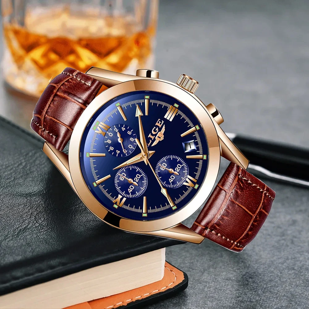 LIGE Fashion Outdoor Man Watch Simple Dial Military Leather Strap Casual Sports Waterproof Auto Date Quartz Watches for Men Gift